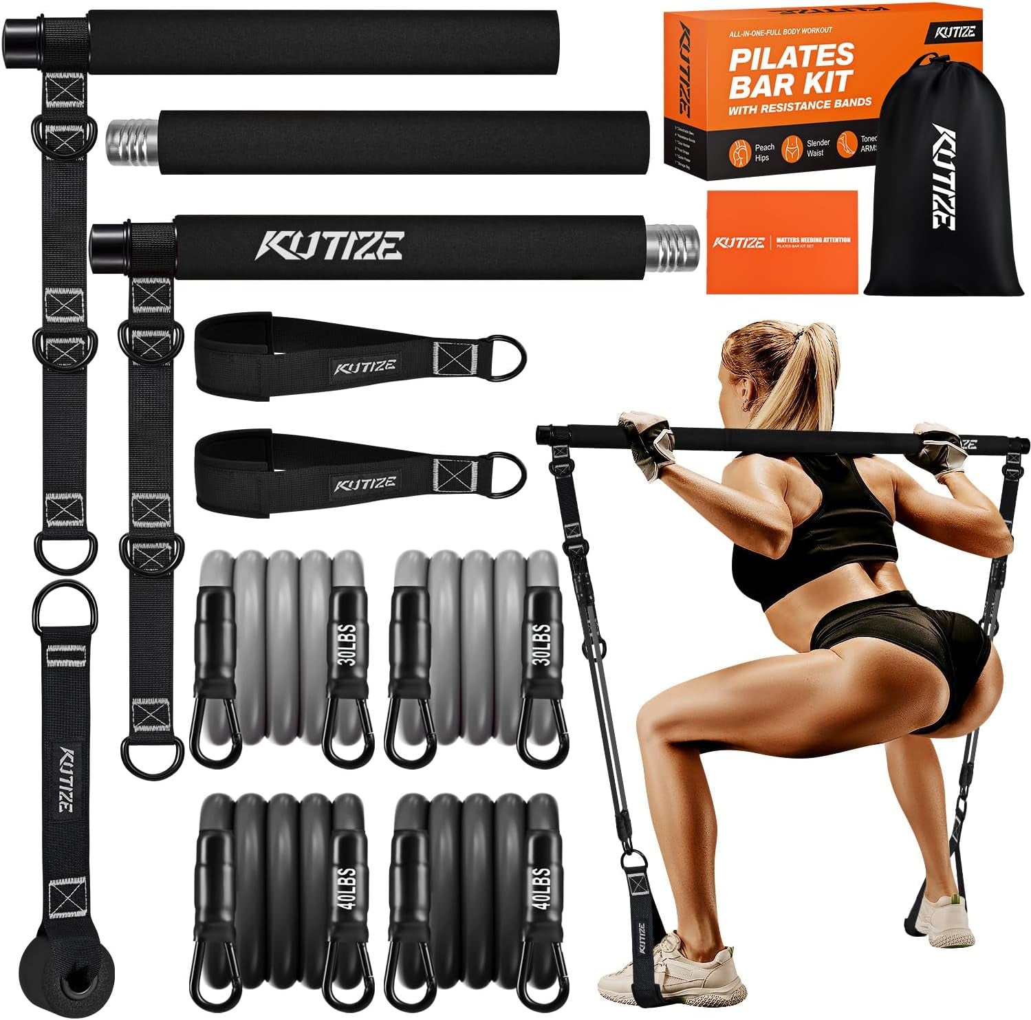 Pilates Bar Kit with Resistance Bands, Pilates Equipment, Multifunctional Pilates Bar for Women & Men, Pilates Kit for Hip, Back, Arm, Full-Body Workouts, Home Gym Strength Training Equipment